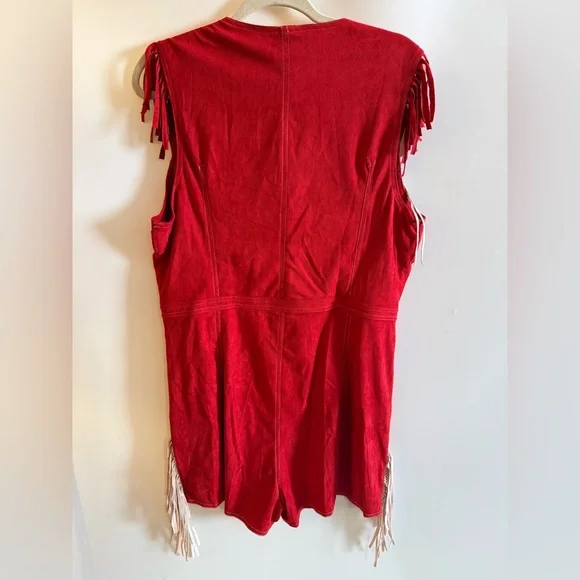 Oyrosy Western Cowboy Style Red Suede Silver Button Beige Tassel Jumpsuit NWT - Picture 8 of 12